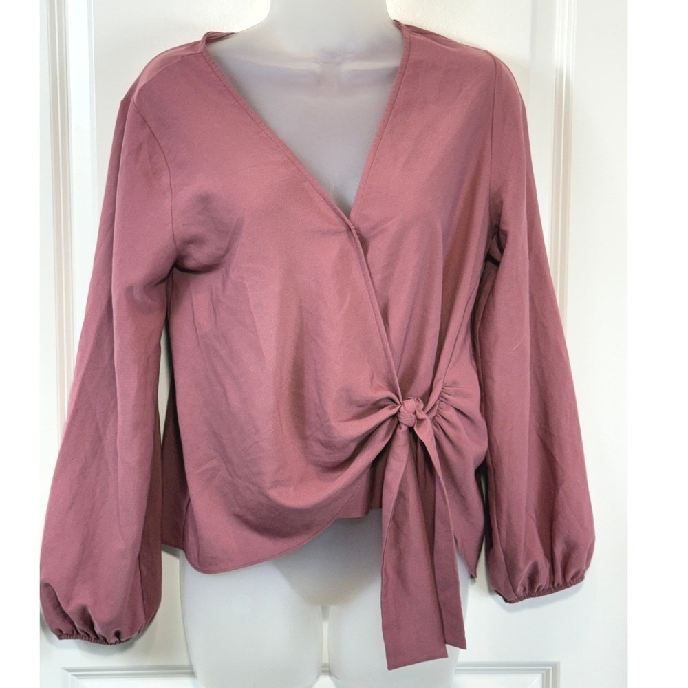EVERLY Womens Mauve Twist Front Wrap Blouse Romantic Coquette Long Sleeve‎ Top